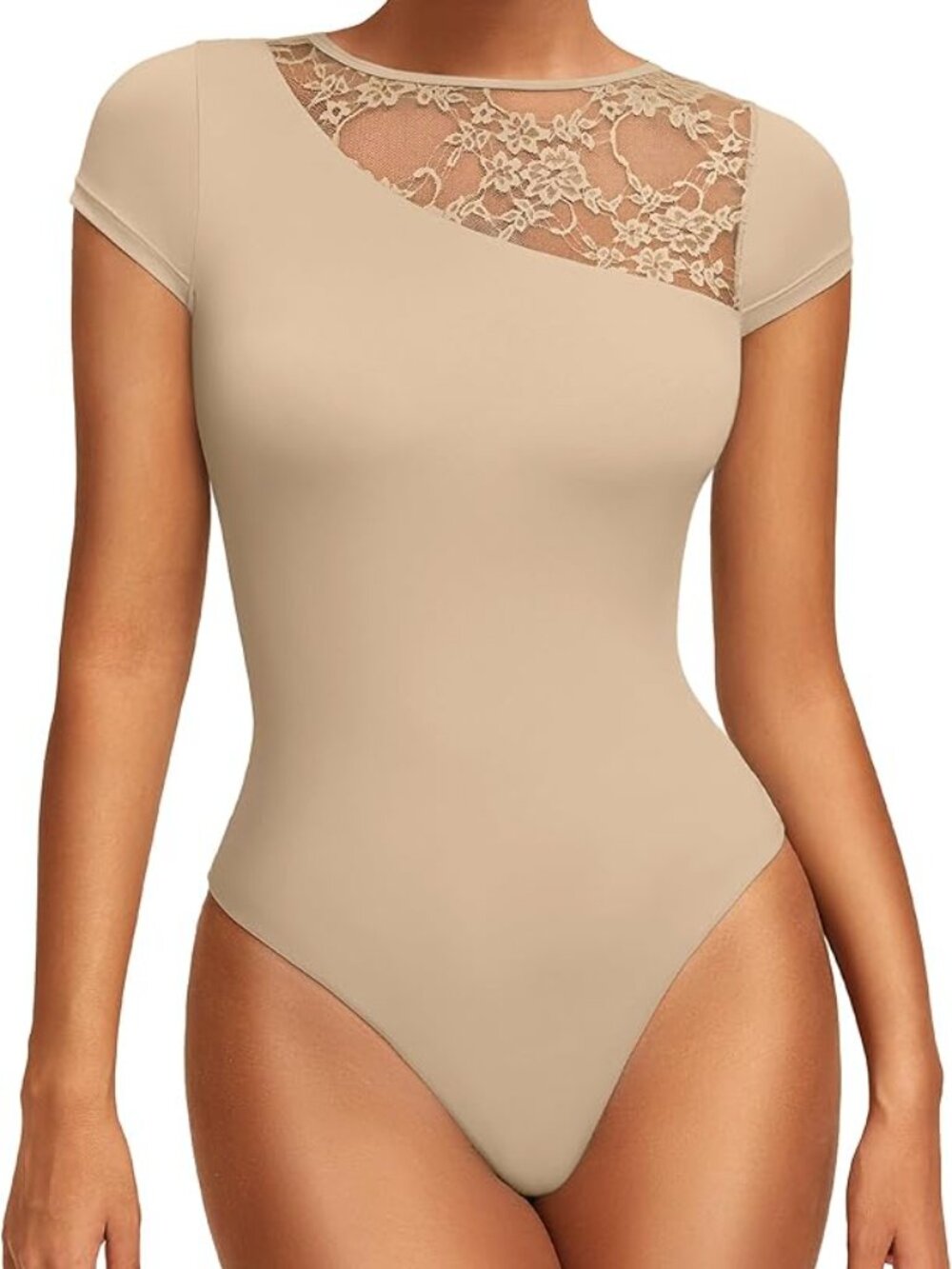 Short-Sleeve High-Rise Crew Neck Bodysuit with Lace